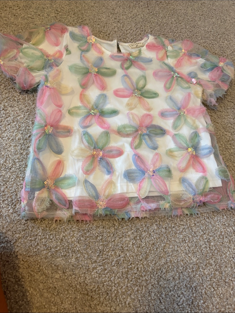 Hayden Girls Floral Appliqué Mesh Top - White with Pink, Green, Blue, Yellow